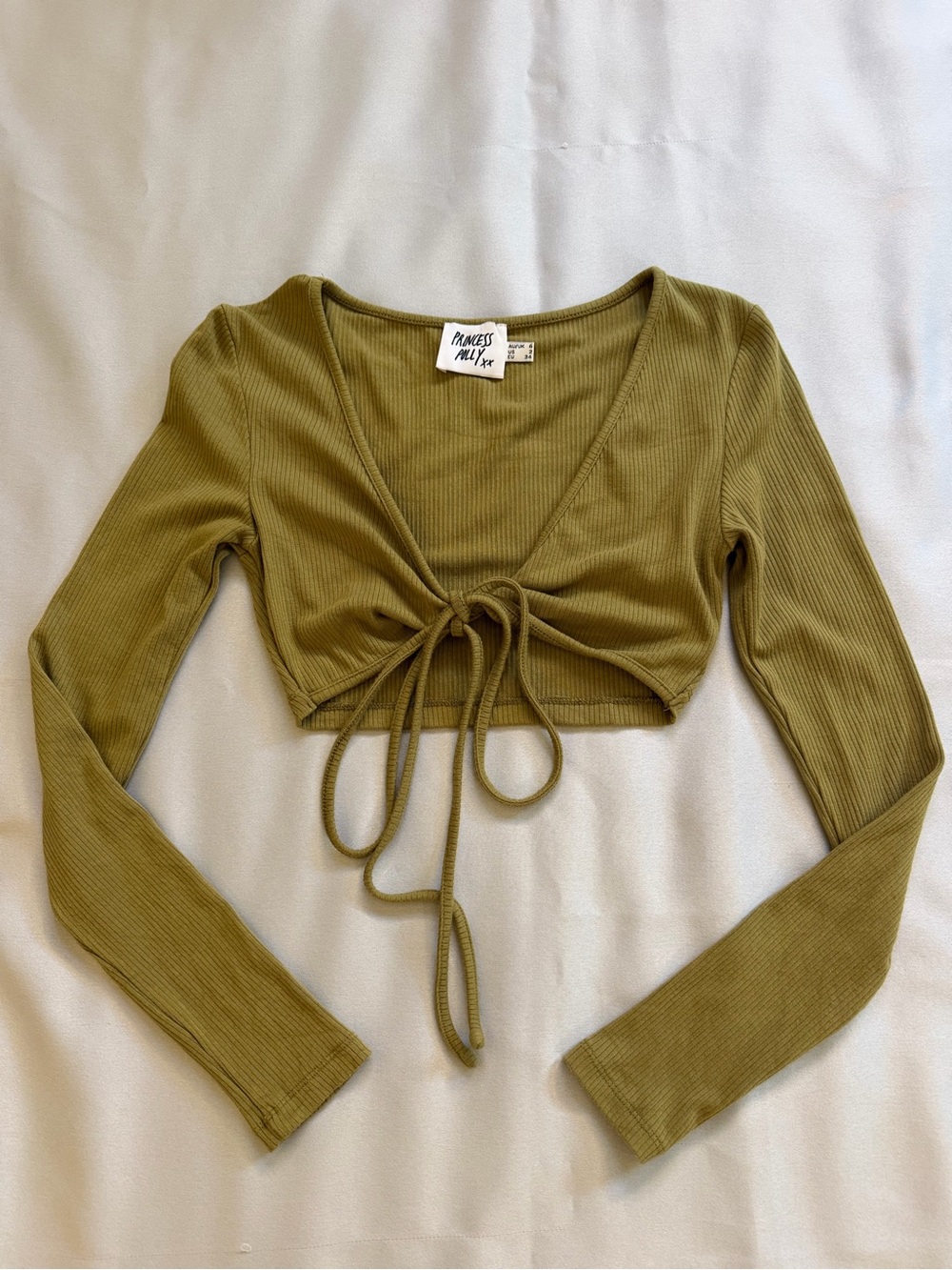 Princess Polly Olive Green Ribbed Long Sleeve Tie-Front Crop Top